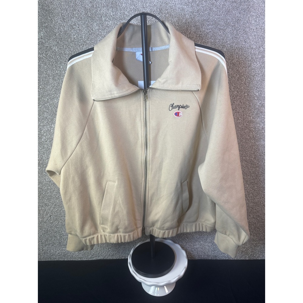 Champion Women Full Zip Track Jacket Script Logo Side Stripe Tan Beige XXL